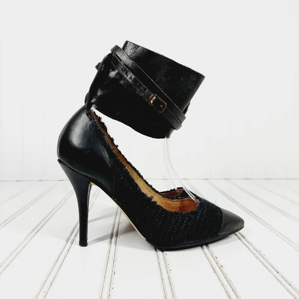 Isabel Marant Black Leather Ankle Wide Buckle Strap Pointy Toe High Heels D756 - Picture 5 of 13